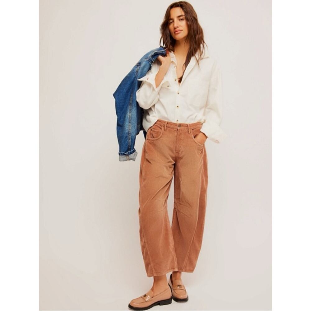 Free People Good Luck Cord Barrel Jeans Tan Brown Neutral Size 27 Corduroy - Picture 13 of 15